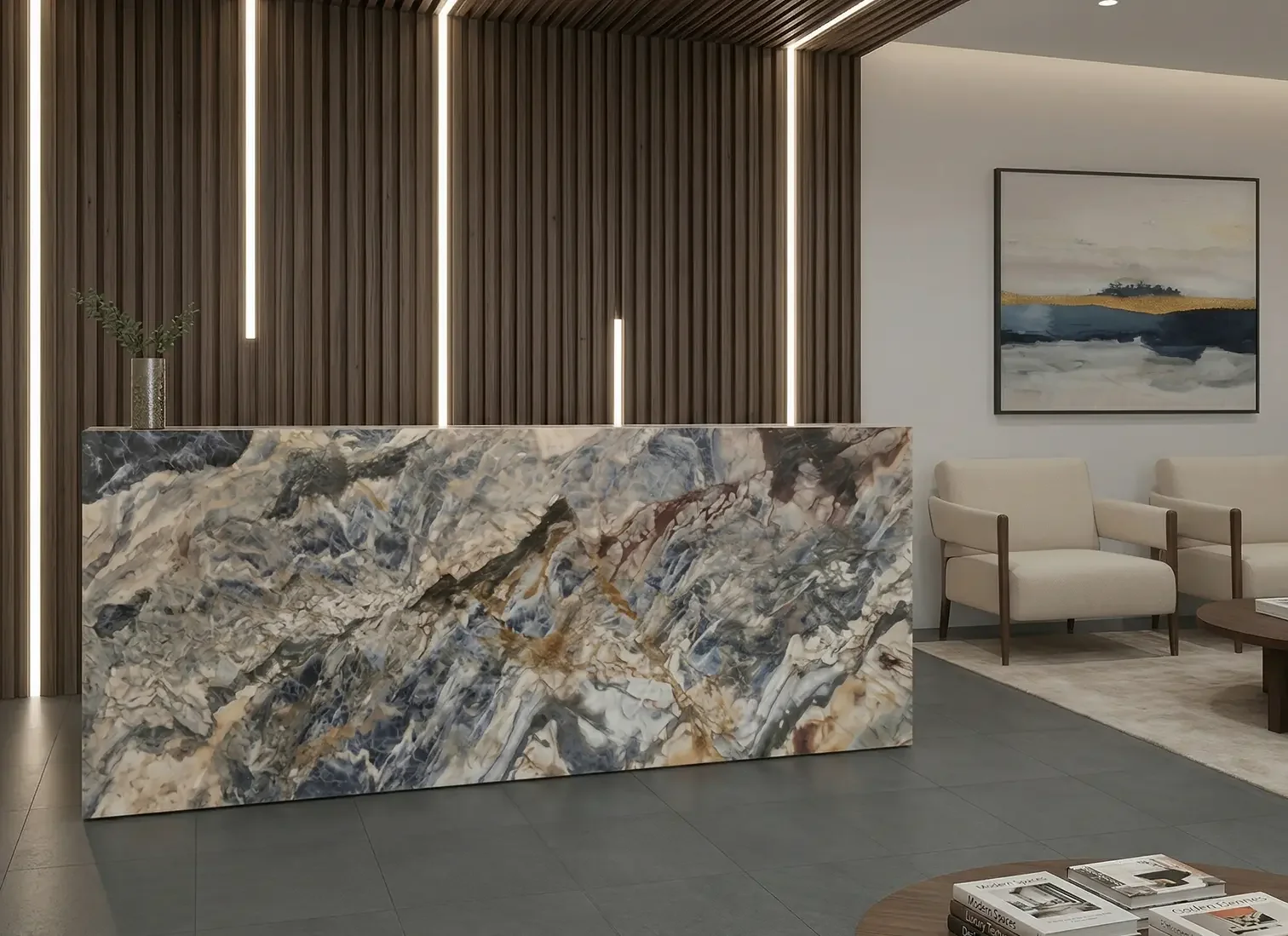 Ресепшен из мрамора Calacatta Viola — точное попадание в рендер — Фото 2