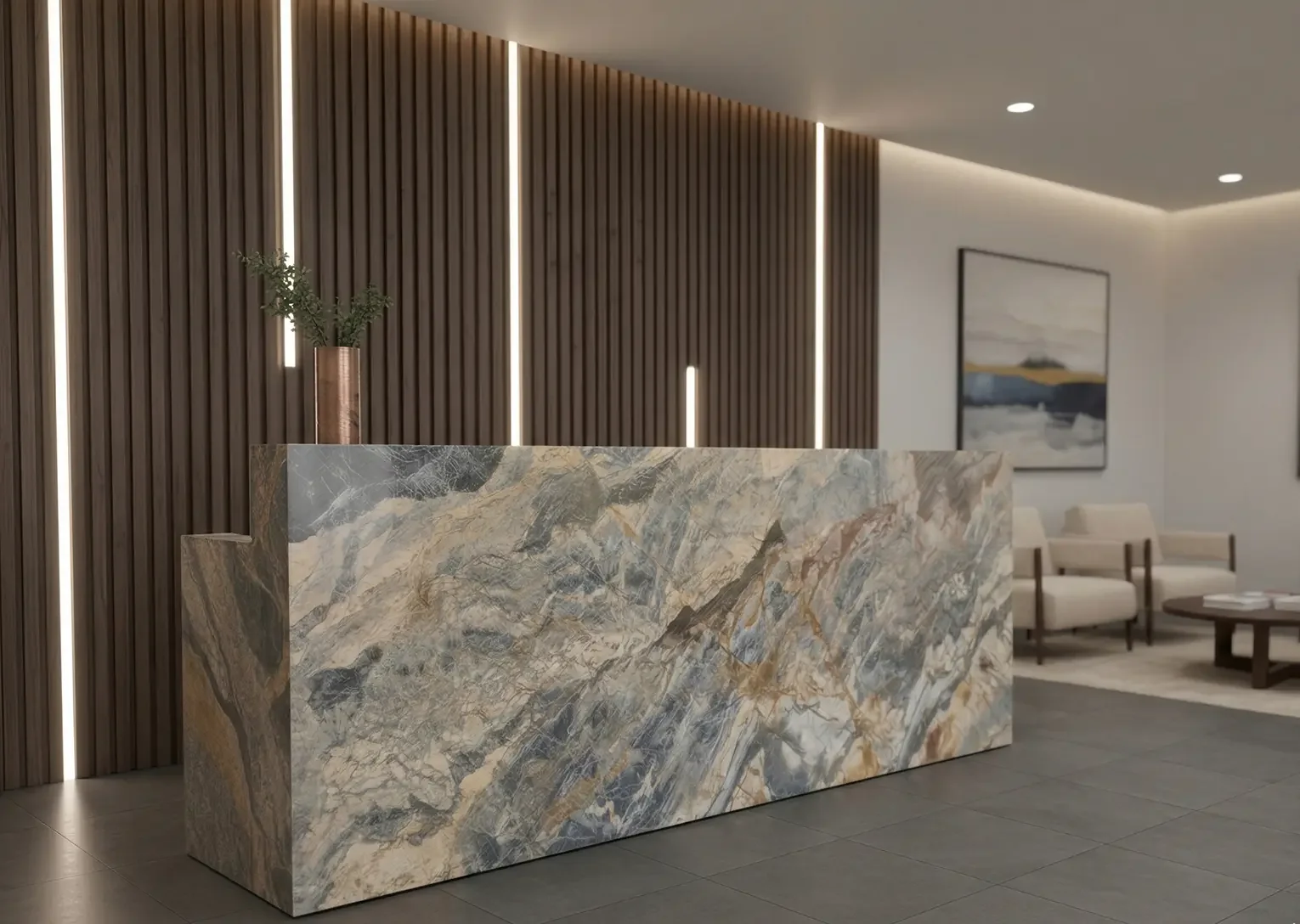 Ресепшен из мрамора Calacatta Viola — точное попадание в рендер